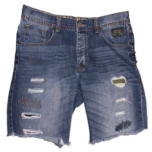 Parish Nation Mens Distressed Denim Shorts Blue Size 36 Raw Hem Embroidered